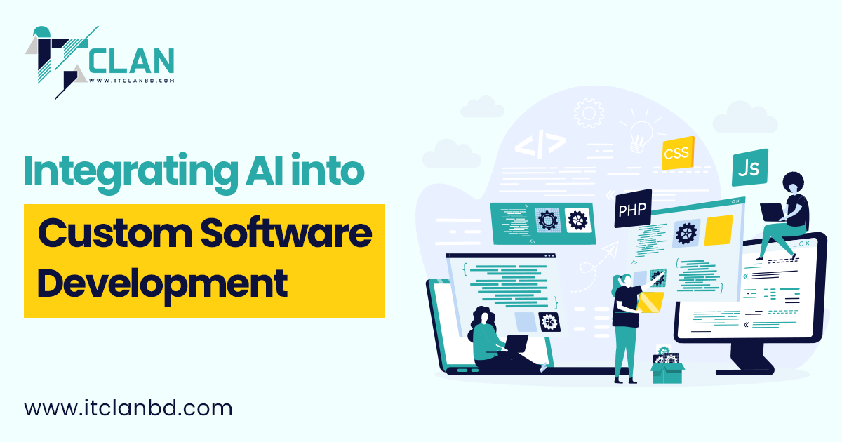Developers integrating artificial intelligence into custom software system to enhance automation, efficiency, and innovation