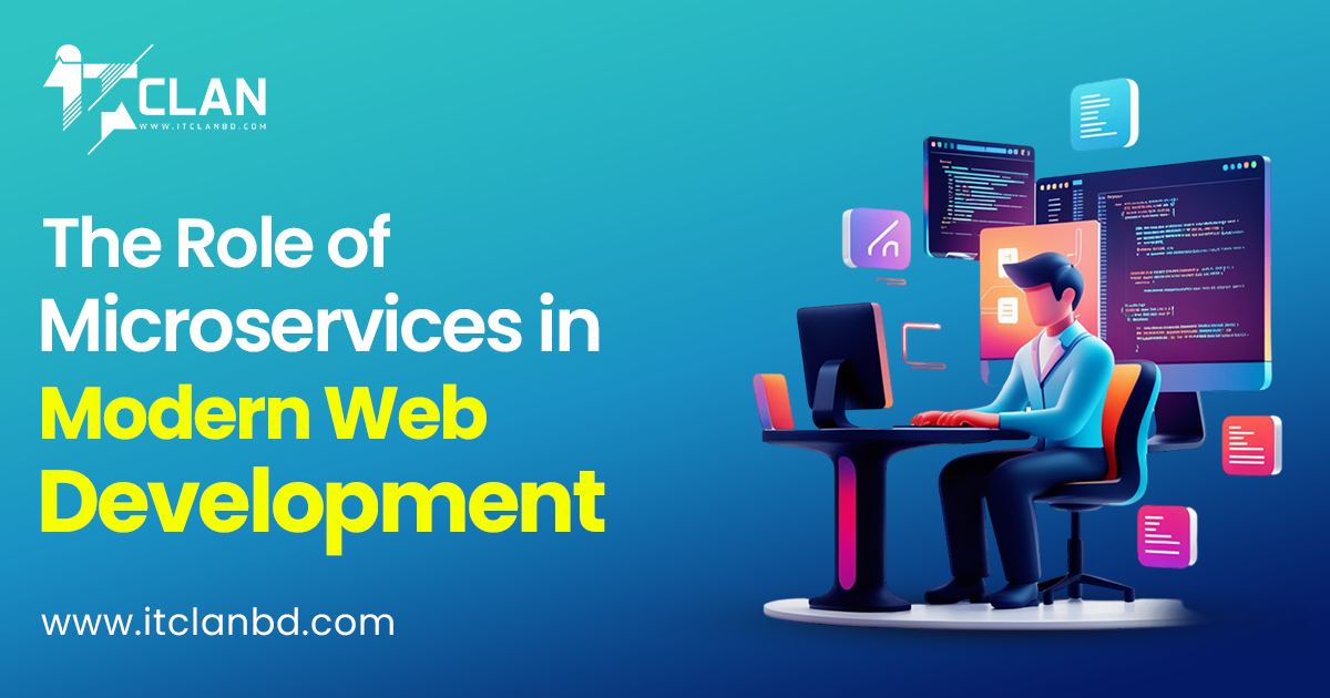 Microservices architecture illustration showing modular, scalable web application components for modern web development