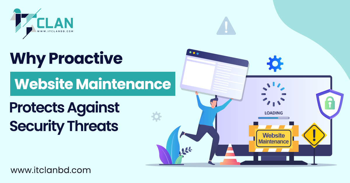 proactive website maintenance protecting against cyber threats with shield and security icons around a website dashboard